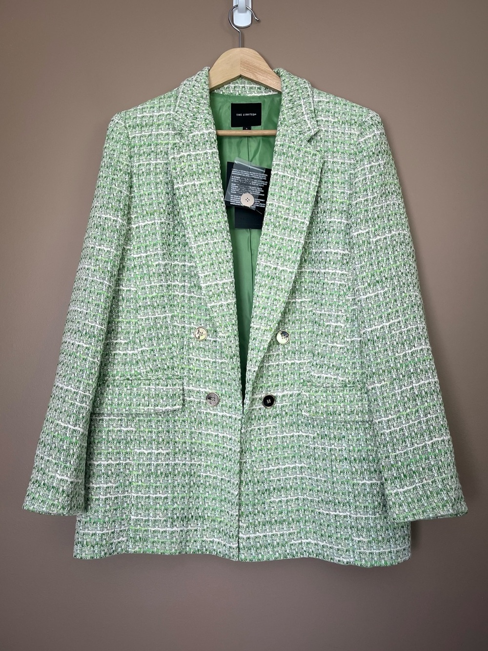 {The Limited} Tweed Open Front Statement Blazer Jacket in Green - Large - NWT